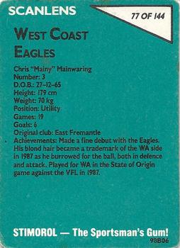 1988 Scanlens VFL #77 Chris Mainwaring Back